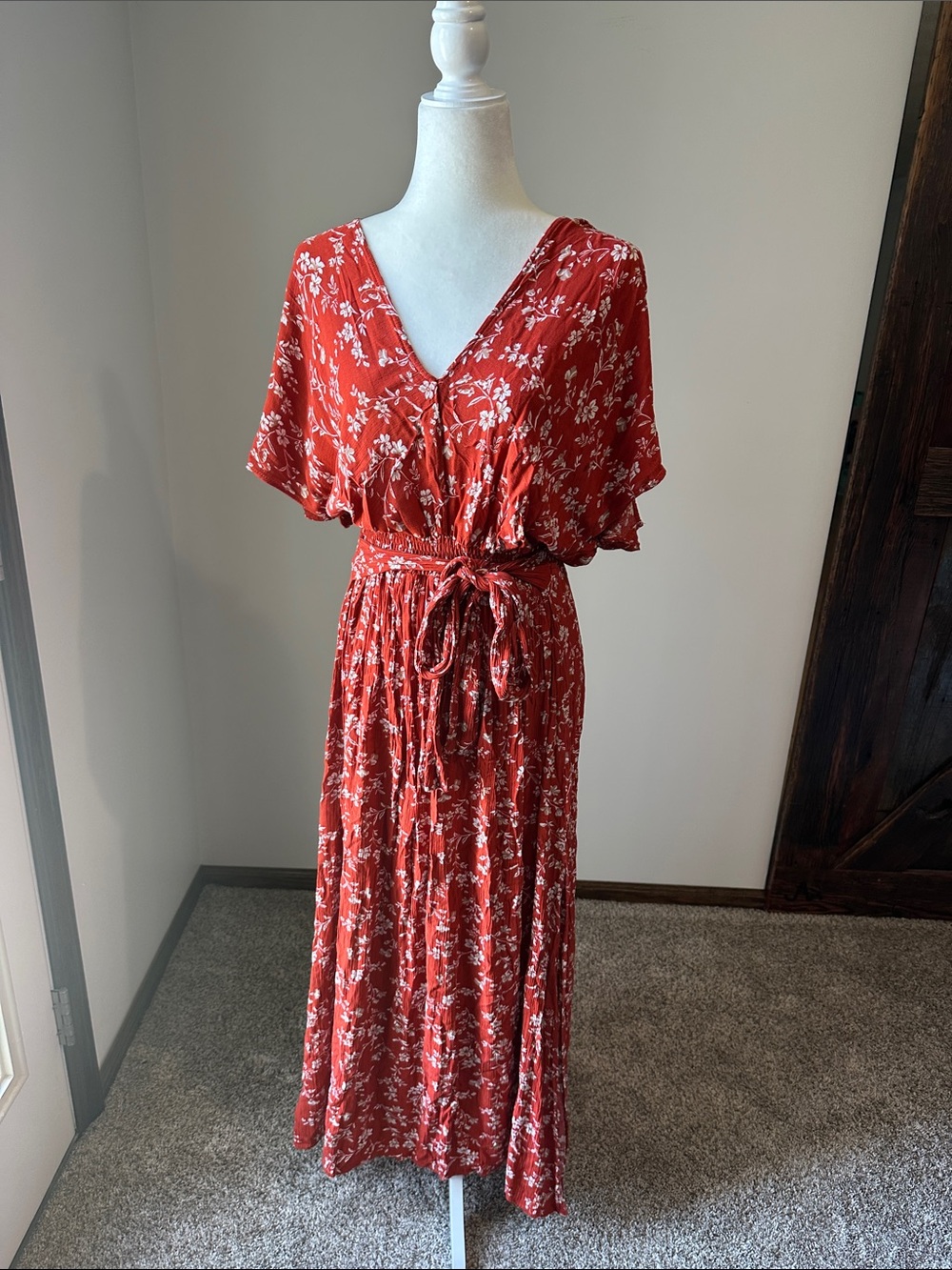 Bohemian boutique Rust Floral Tie-Waist Maxi Dress
